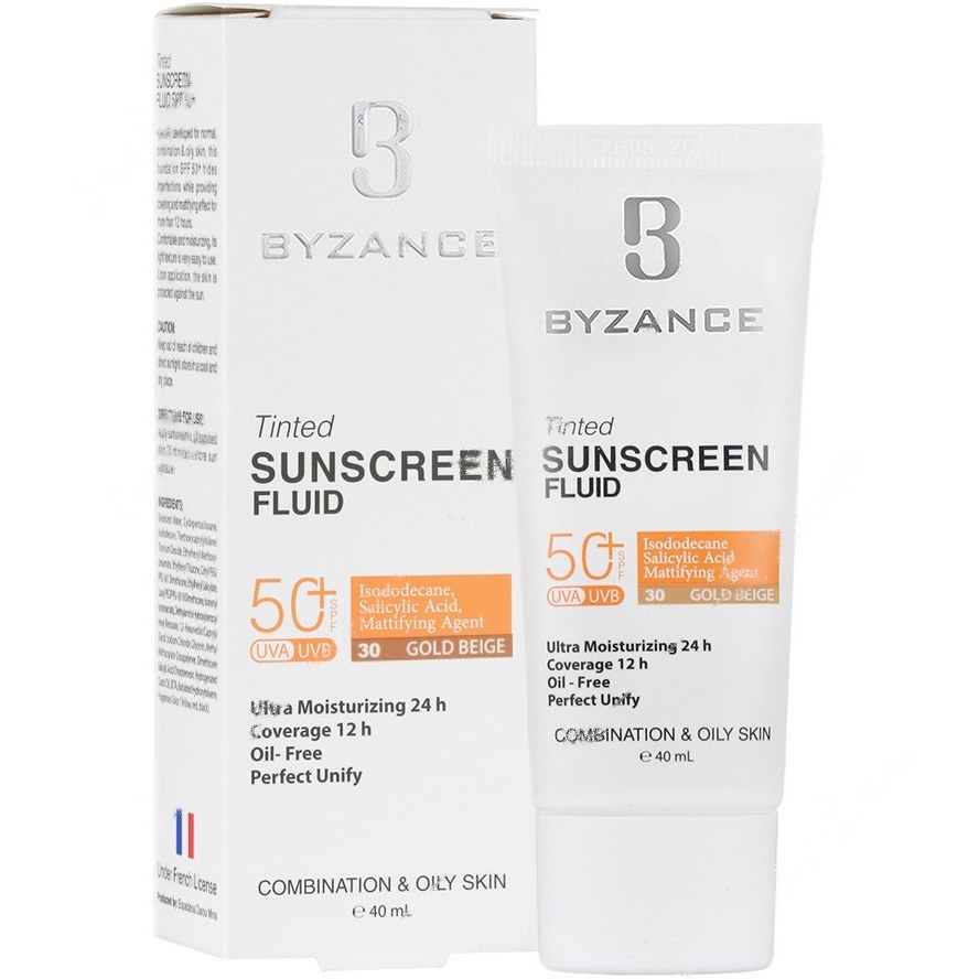 فلوئید ضدآفتاب رنگ بژ طلایی برند بیزانس پوست چرب SPF50