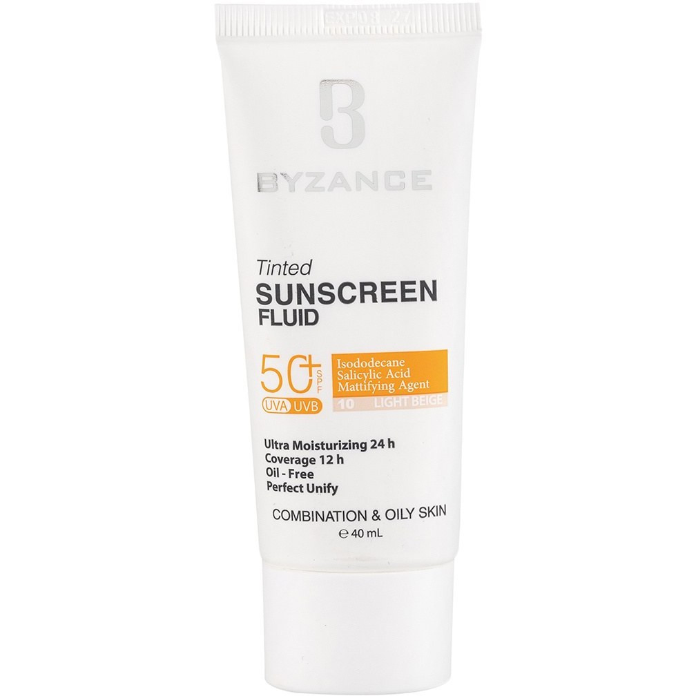فلوئید ضدآفتاب رنگ بژ روشن برند بیزانس پوست چرب SPF50